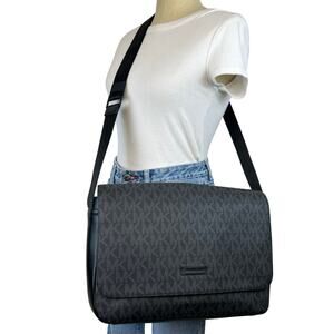 Michael Kors Everett Black Monogrammed Leather Flap Messenger Carryall Bag